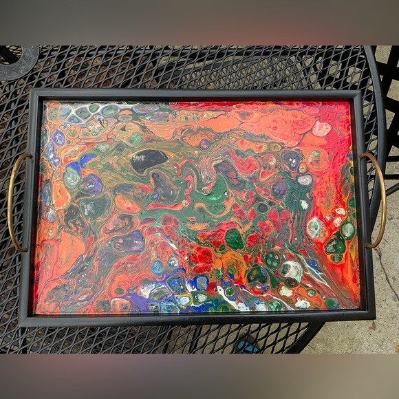 Gorgeous Handmade Original Colorfully Painted Wooden Brass Handle Serving Tray! - Picture 5 of 15